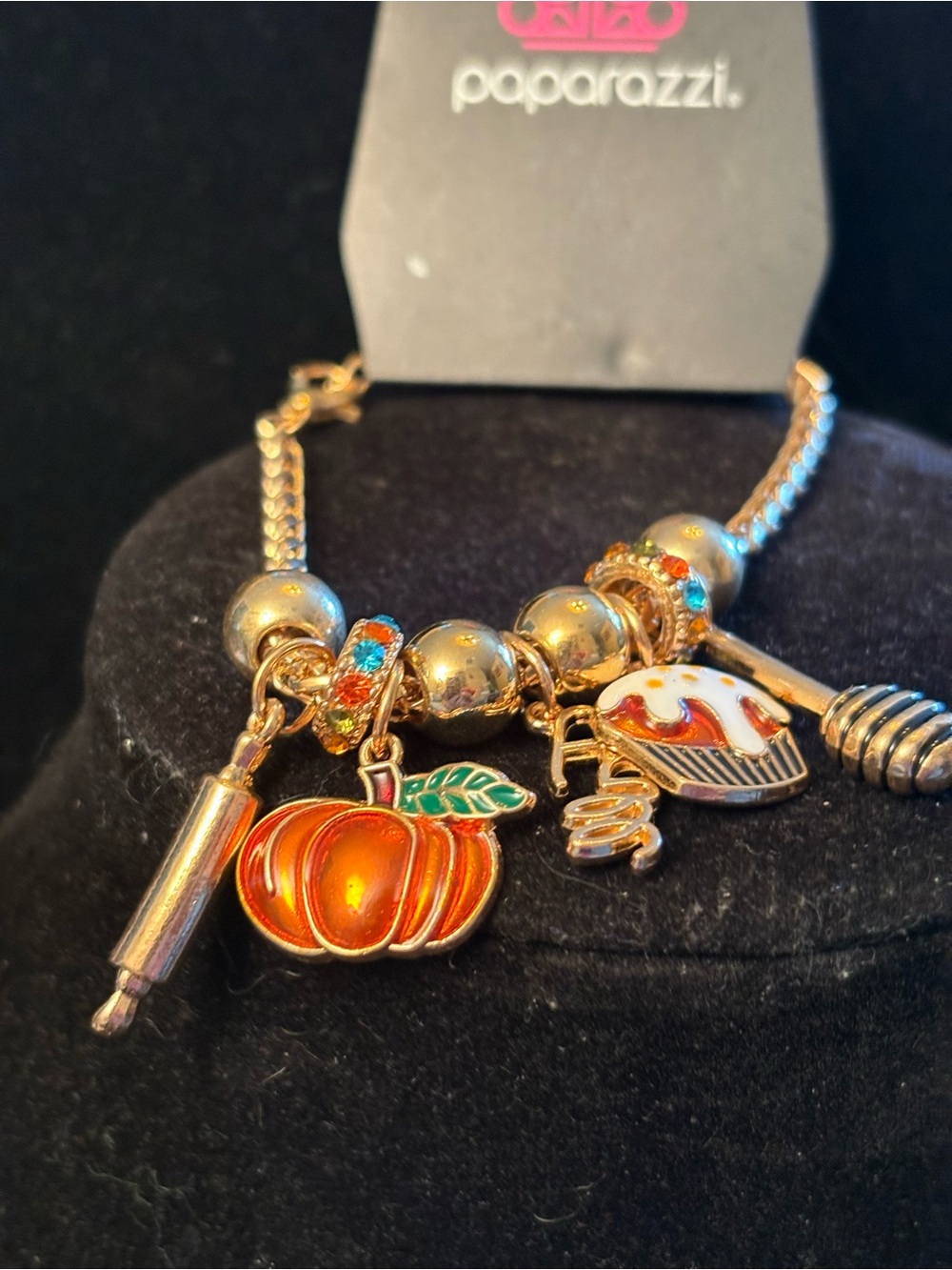 paparazzi Gold-Tone Pumpkin & Cupcake Charm Bracelet with Orange Enamel